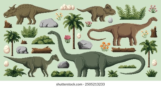 8 bit pixel art prehistoric dinosaurs, game asset. Vector set of dino species and natural environment elements in vintage videogame blocky style. Plants, rocks, eggs, palm trees, logs or ferns