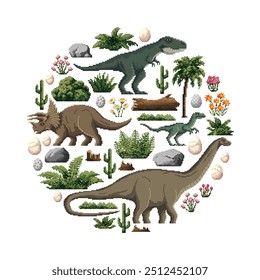 8 bit pixel art prehistoric dinosaurs, game asset in round shape. Vector set of dino species and plants and environment items in vintage blocky, pixelated style. Eggs, rocks, trees, ferns and logs