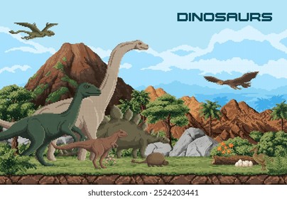 8 bits pixel art dinossauros pré-históricos e lagartos jurássicos na floresta, fundo de desenhos animados vetoriais. Paisagem pré-histórica de 8 bits com T-rex tyrannosaurus, brontossauro, pterodactil e velociraptor