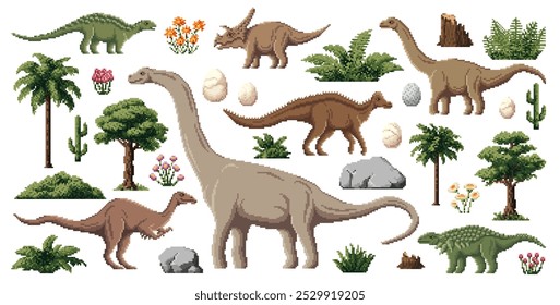 8 bits pixel art dinossauros pré-históricos para ativos de jogo, lagartos vetoriais e ovos de dino. Parque jurássico ou ativos de videogame pré-histórico de dinossauros pixel T-rex tyrannosaurus, triceraptors ou brontosaurus