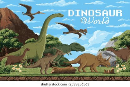 8 bit pixel art prehistoric dinosaurs. Vector nostalgic retro gaming scene featuring dino species in a prehistoric landscape with mountains, trees and a clear sky with clouds. Arcade game background