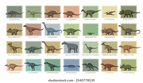 8 bits pixel art dinossauros pré-históricos e espécies de lagartos dino, ícones vetoriais. Lagartos jurássicos em arte de 8 bits pixel para crianças paleontologia e atlas dino de répteis aquáticos gigantes e aves pterossauros