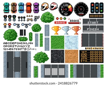 8 bit pixel art race game, top view of racing track, cars and equipment, vector icons. Arcade video game elements of karting car, speed road and traffic signs with racetrack texture and speedometer