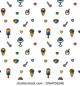8 bit pixel art rainbow ice cream cones, popsicles, bowls and hearts isolated on white background, seamless pattern. Fashion fabric, textile, wrapping paper print.
