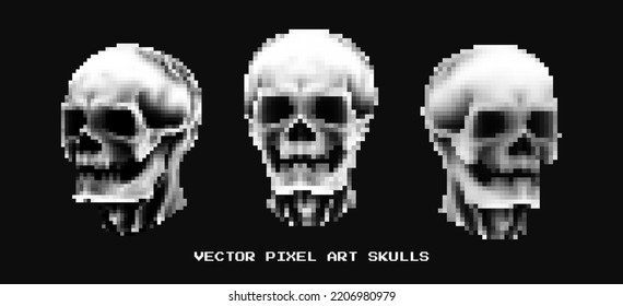 8 bit Pixel Art Skulls. Old School Style Hardcore Game Skull Icon. Death, Fear, Pirate, Game Over, Skeleton Concept. Vector Illustration.