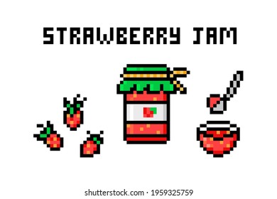 8 bit Pixel art strawberry jam set (fresh berries, jar, dish, spoon). Homemade fruit confiture. Sweet dessert. Vintage retro 80s, 90s 2d computer, video game graphics. Slot machine design element.