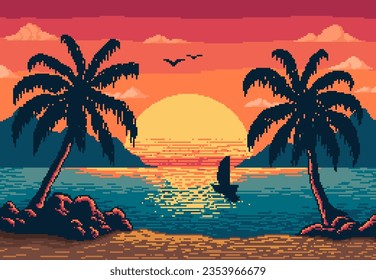 8 bit pixel art, sunset beach landscape. Indie pixel game tropical nature screen wallpaper, 8bit arcade seascape vector background or 16 bit console sea sunset backdrop with palms and sail boat