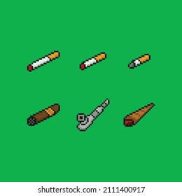 8 bit pixel art vector illustration set. cigarette, cigar, joint, pipe smoking accessories, isolated video game asset on chroma key green background
