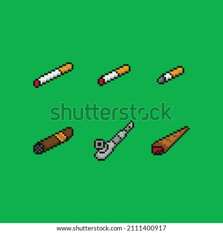 8 bit pixel art vector illustration set. cigarette, cigar, joint, pipe smoking accessories, isolated video game asset on chroma key green background