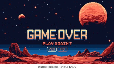 8 bit pixel art video game over screen, mars planet surface landscape. Vector arcade game background, computer game over notification with yes or no choice buttons. Galaxy adventure 8bit gamer console