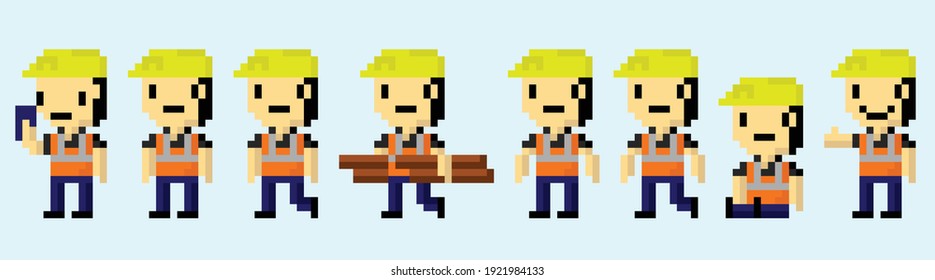 8 bit pixel art worker man in different poses