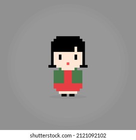 8 bit pixel of asian girl. Cartoon women in vector illustrations.