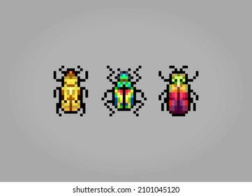 escarabajos píxel de 8 bits. Insectos animales para activos de caza y patrones de puntos cruzados en ilustraciones vectoriales.