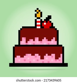 8 Bit Pixel Birthday Cake. Food Item For Game Assets In Vector Illustration.