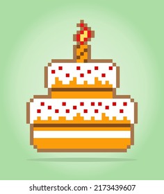 8 Bit Pixel Birthday Cake. Food Item For Game Assets In Vector Illustration.