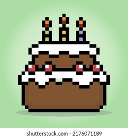 8 Bit Pixel Birthday Cake. Food Item For Game Assets In Vector Illustration.