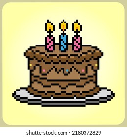 8 Bit Pixel Birthday Cake. Food Item For Game Assets In Vector Illustration.