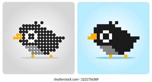 8 bit Pixel, black bird. Animal game assets in vector illustration for games asset and beads pattern