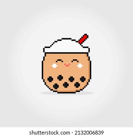 8 bit pixel boba drink in vector illustration