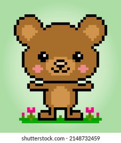 8 bit Pixel brown bear. Pixel animal for game assets in vector illustration.