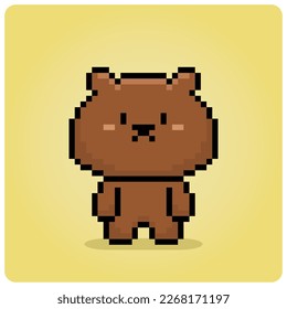 8 bit Pixel brown bear. Pixel animal for game assets in vector illustration.