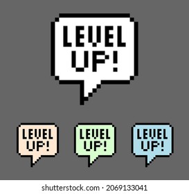 8 Bit Pixel Bubble Text. Level Up Text. Chat Icon For Game Assets In Vector Illustration.