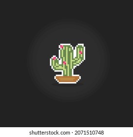 8 bit pixel cactus tree. natural object for game assets in vector illustration.