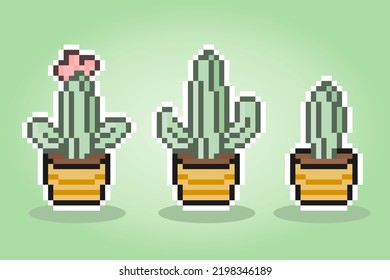 8 bit pixel cactus tree. natural object for game assets in vector illustration.