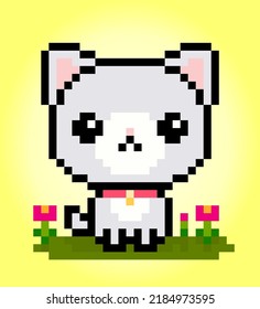 8 bit Pixel cat on garden. Animals for game assets in vector illustrations.