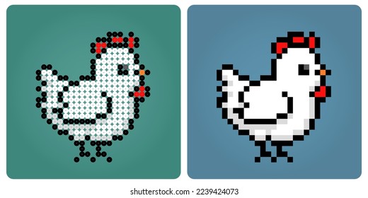 8 bit pixel chicken. Cute Animal for game assets and beads pattern in vector illustration.