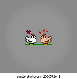 8 bit pixel chicken pair. Animals for game assets in vector illustration.