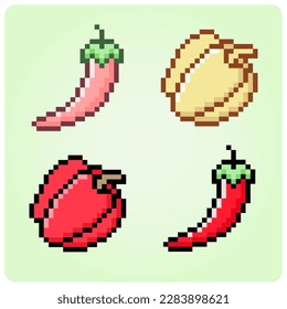 8 bit pixel chili and bell pepper. vegetables adorable for game assets in vector illustration.