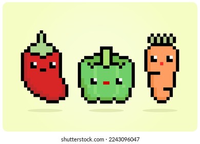 8 bit pixel chili, paprika and carrot in kawaii style. vegetables adorable for game assets in vector illustration.