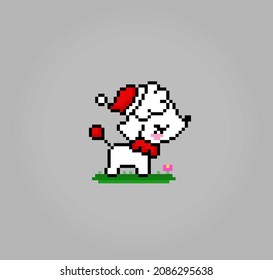 8 bit pixel of chinese crested dog wearing a Santa hat. Animals for asset games in vector illustrations. Cross Stitch pattern.