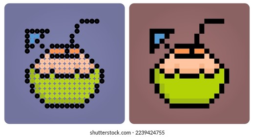 8 bit pixel coconut drink. Pixel foods for game assets and beads pattern in vector illustration.