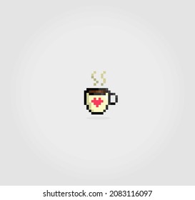 8 bit pixel coffee cup logo image. Drink in vector illustration for game icon.