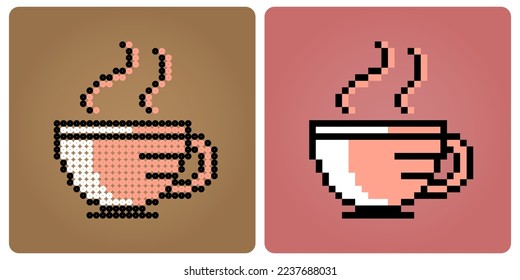 8 bit pixel coffee cup logo image. Drink in vector illustration for game assets and beads pattern.