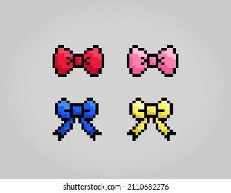 8 bit pixel of colorful gift ribbons. Accessories for game assets and cross stitch patterns in vector illustrations.