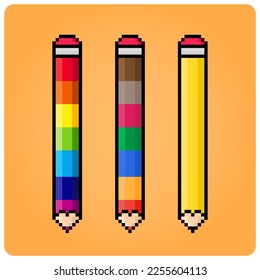 8 bit pixel colorful pencil, for game assets and cross stitch patterns in vector illustrations.