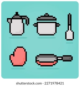 Equipo de cocina de píxeles de 8 bits en ilustraciones vectoriales para activos de juego. píxel de elemento de herramientas de cocina