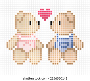 8 bit pixel couple bear. animal mosaic tile for game assets and cross stitch patterns in vector illustrations.