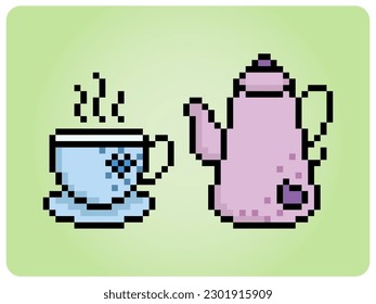8 bit pixel cup and teapot. Coffee drink icon for games asset and  Cross Stitch pattern in vector illustrations.