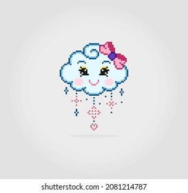 8 bit pixel cute cartoon face cloud with colorful raindrops. Natural cloud for game assets in vector illustration.