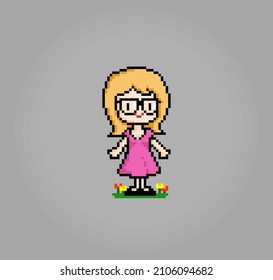 8 bit pixel of the cute girl wearing glasses. Cartoon women in vector illustrations.