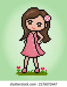 píxel de 8 bits de la linda chica. Caricatura de mujeres en ilustraciones vectoriales.
