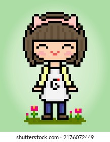 8 bit pixel of the cute girl. Cartoon women in vector illustrations.