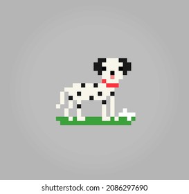 8 bit pixel of dalmatian dog. Animals for asset games in vector illustrations. Cross Stitch pattern.