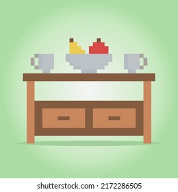8 bit pixel dining table. Interior game assets in vector illustrations.