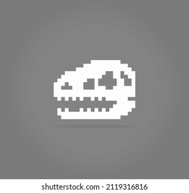 8 bit pixel dinosaur head skeleton. T rex bone pixels in vector illustration.