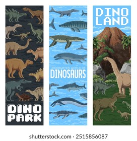 8 Bit Pixel Dinosaurier Park Banner. Dino Welt Vektor vertikale Karten mit Reptilien Tierarten im Retro-Gaming-Stil. Jurassischer Park alte Land-oder Unterwasser-Kreaturen in der natürlichen Umgebung